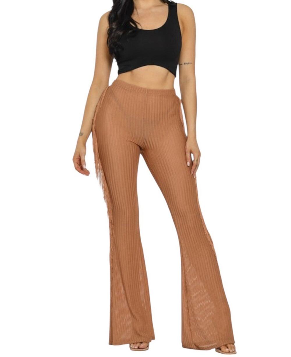 Knit Flare Leg Pants with Fringe Size S Caramel Brown Sheer Cosplay Costume New